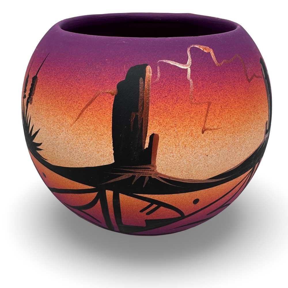 Jay Navajo‎ Hand Painted Purple Orange Desert Sunset Seed Pot Pottery Vase 4in